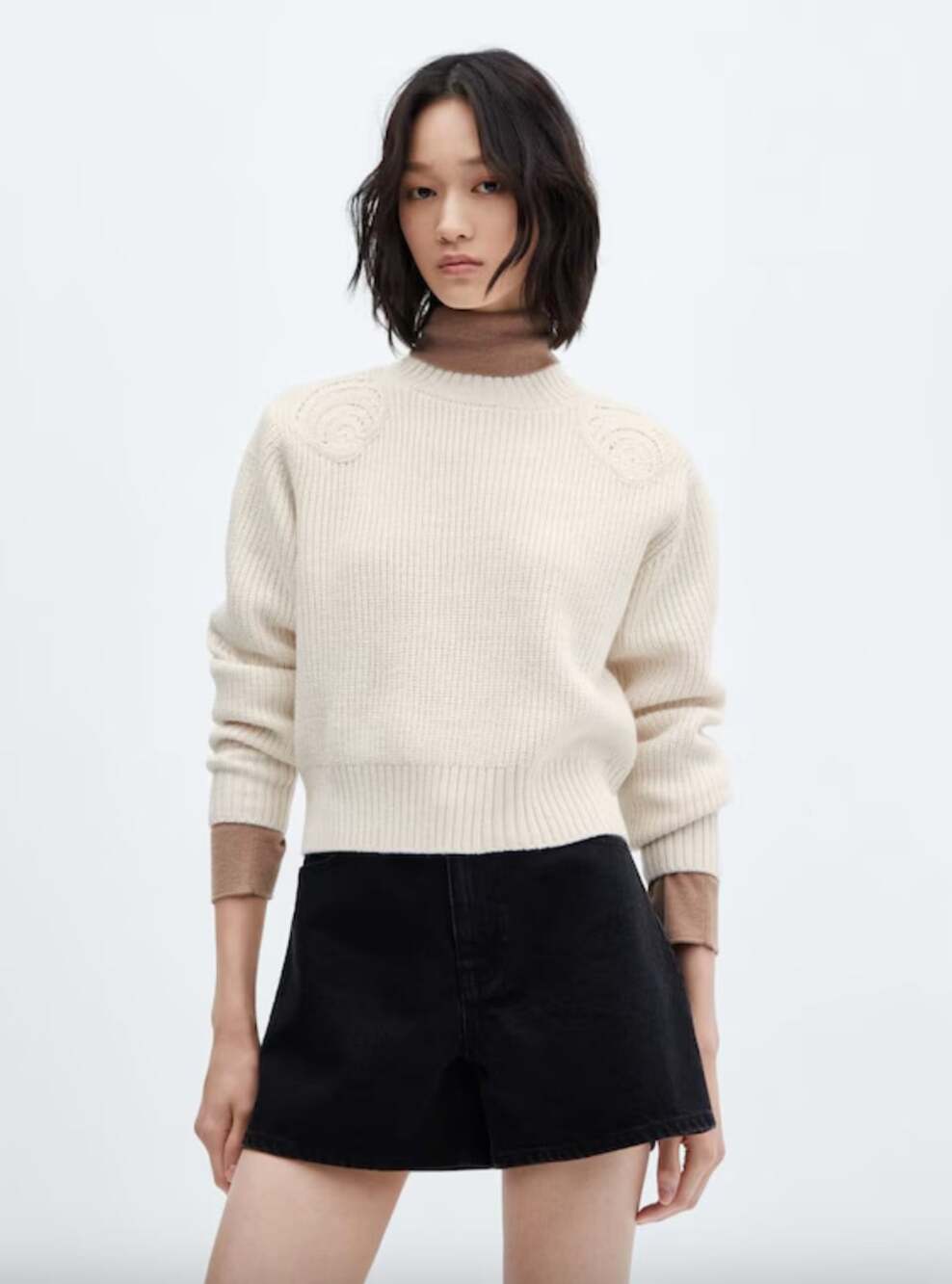 mango mng cream minimalist sea shell embroidered knit crop boxy fit sweater
